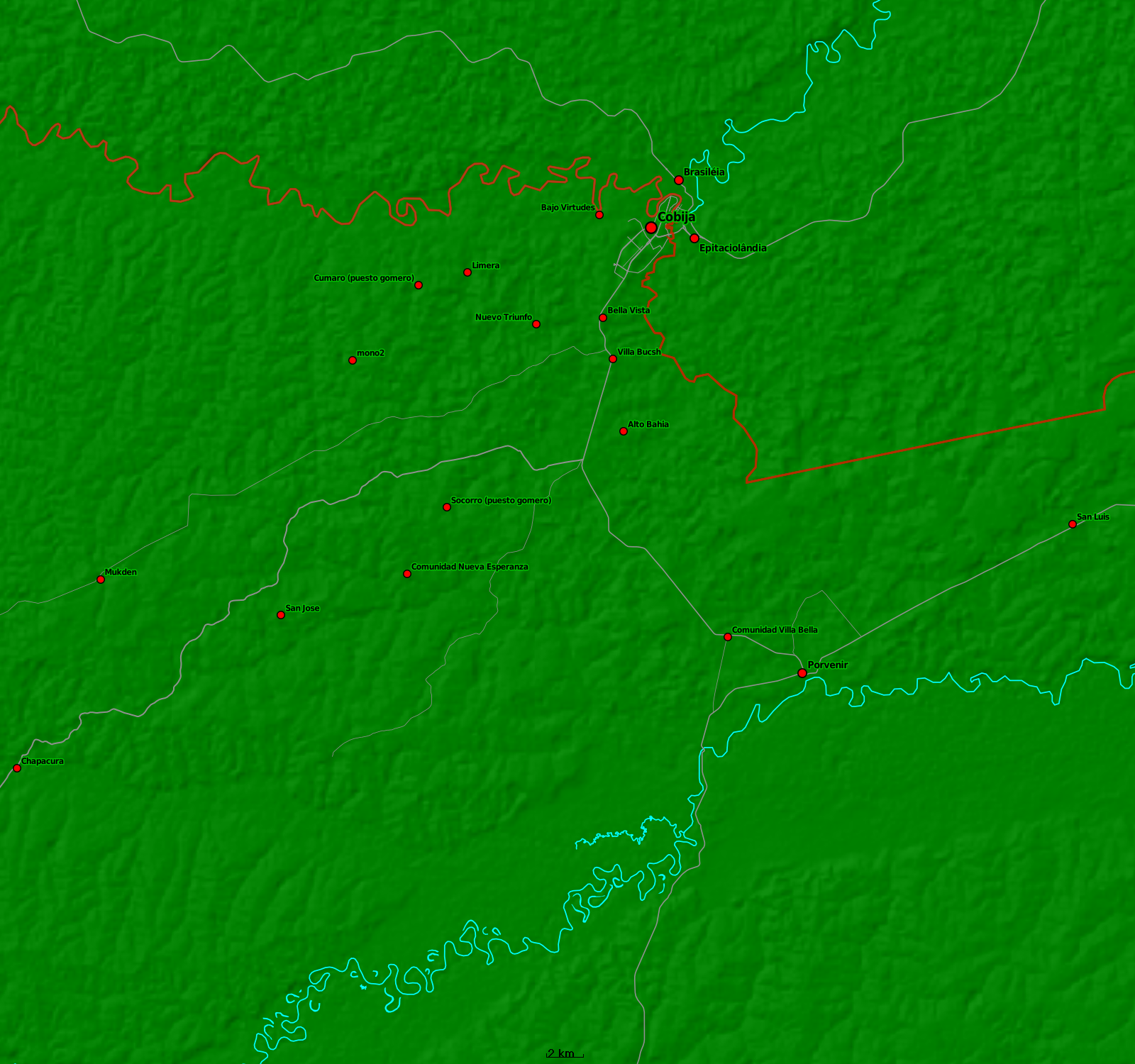 Eine Karte der Gegend um Cobija. (Bildquelle: Stefan K. Hetz, native-fish.org unter Verwendung von Kartenmaterial von OpenStreetMap (http://www.openstreetmap.org/) veröffentlicht unter ODBL (http://opendatacommons.org/licenses/odbl/) Cobija