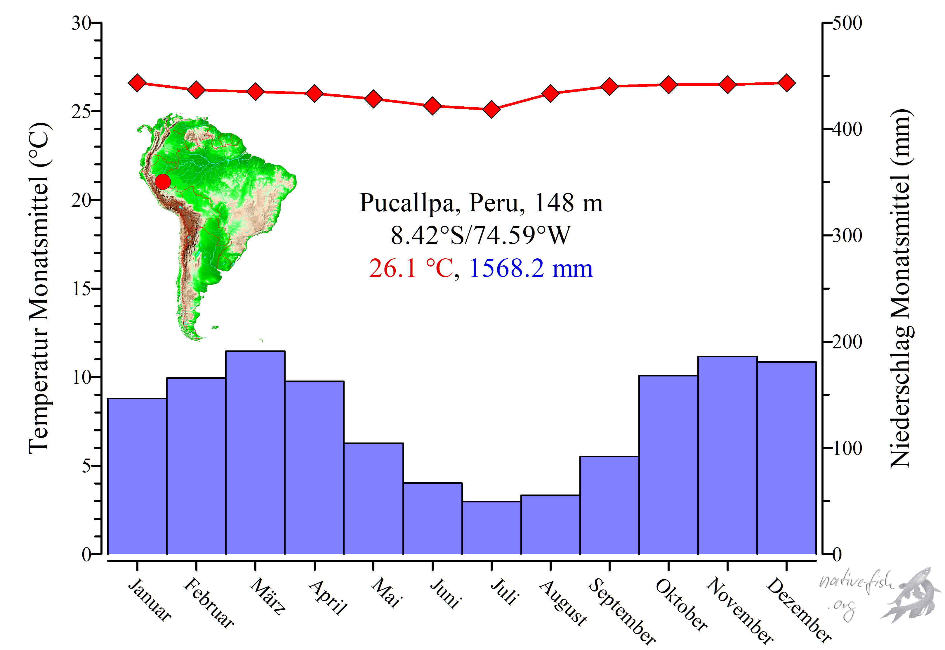 Klima von Pucallpa (Lage: vgl. roter Punkt auf der Landkarte) in Peru. Die Temperaturen sind gleichmäßig hoch, die Niederschläge fallen vor allem in unserem Winterhalbjahr. (Grafik: Stefan K. Hetz, native-fish.org) Klima Pucallpa
