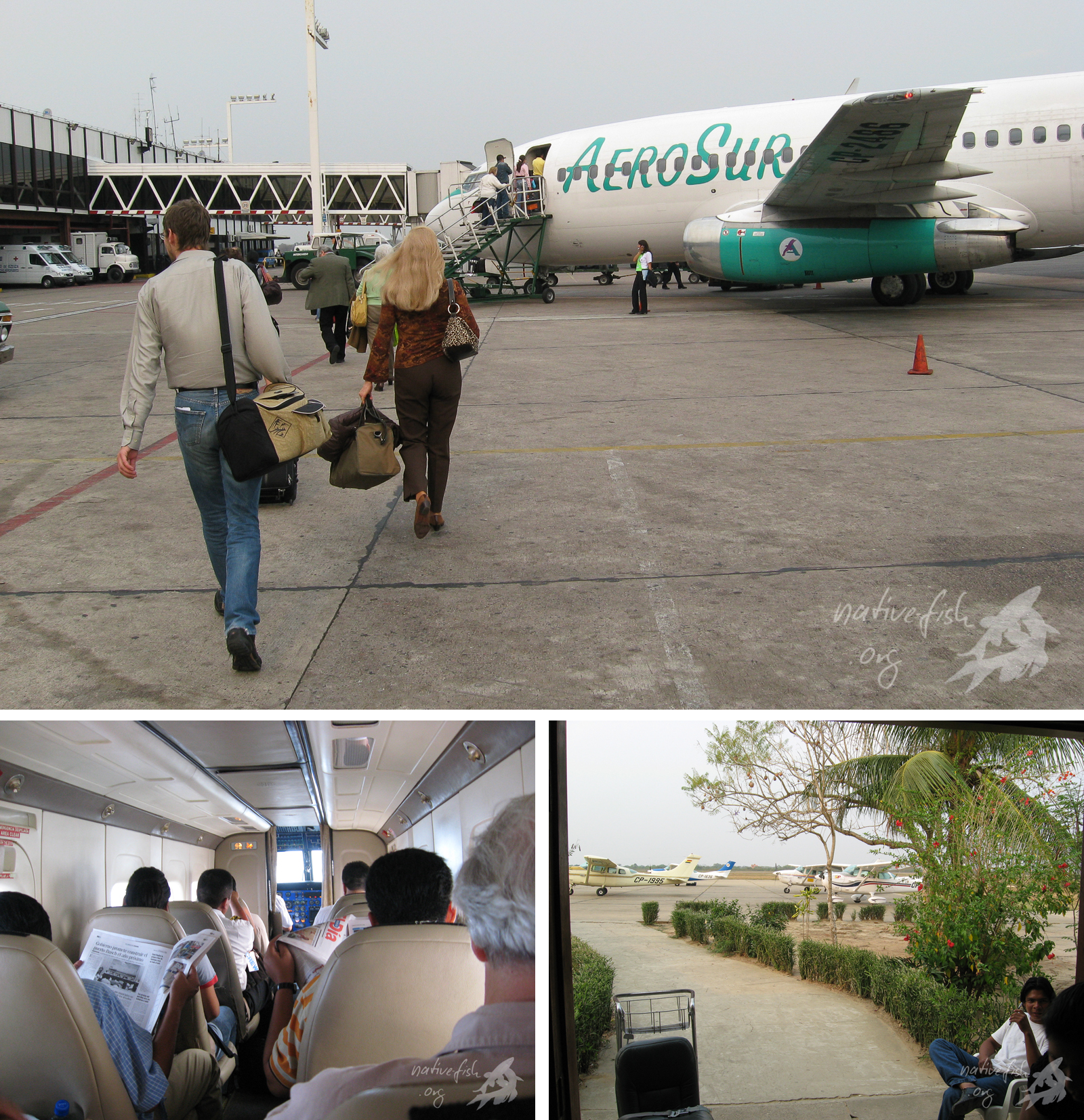 Für Reisen im amazonischen Tiefland empfiehlt sich das Flugzeug. Die großen Städte wie Trinidad werden von größeren Jets (oben), die Hauptrouten von kleineren Jets (unten links) oder Propellermaschinen mit ungefähr 20 Sitzplätzen bedient. Die kleineren Flugstrecken werden mit Cessnas (unten rechts) bedient, die -- zumindest offiziell -- vier Personen befördern können. Wir sind aber auch schon mit sechs Personen und Gepäck geflogen, dazu in einer späteren Folge mehr. (Bildquelle: Stefan K. Hetz, native-fish.org) Reisen mit dem Flugzeug