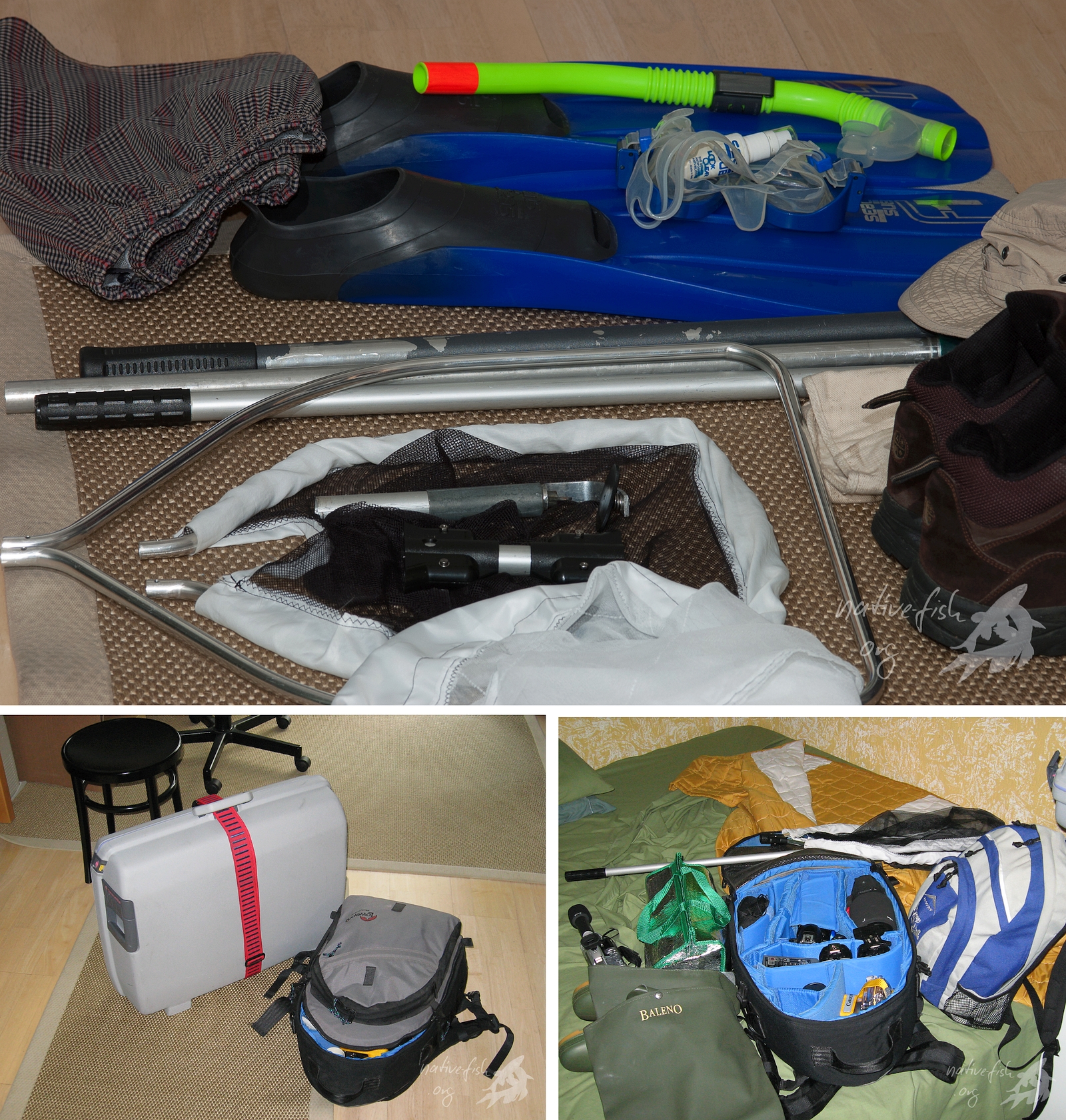 Was nimmt man mit, wenn man auf eine Reise zum Fischfang geht? Schwer zu sagen, das nächste mal sicher andere Sachen. Wichtig ist, es alles verstauen und am besten bequem auf einmal wegtragen zu können. (Bildquelle: Stefan K. Hetz, native-fish.org) Was einpacken?