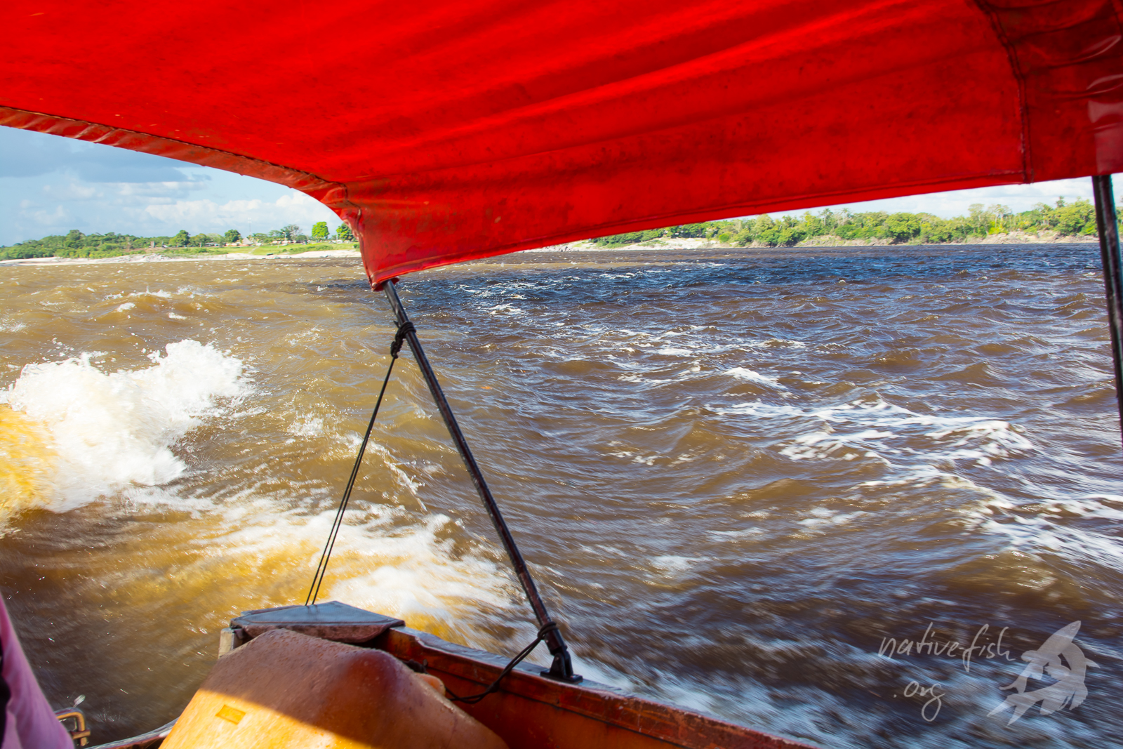 Vom Weisswasser des Guaviare (links) ins Schwarzwasser der Einmündung des Rio Atabapo in Kolumbien. Vom Weißwasser ins Schwarzwasser